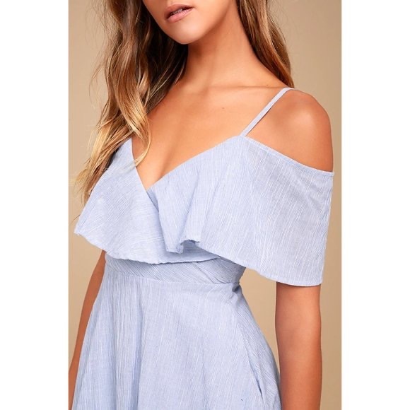 Lulus Yacht Rock Blue and White Striped Off Shoulder Midi Dress - Picture 6 of 6